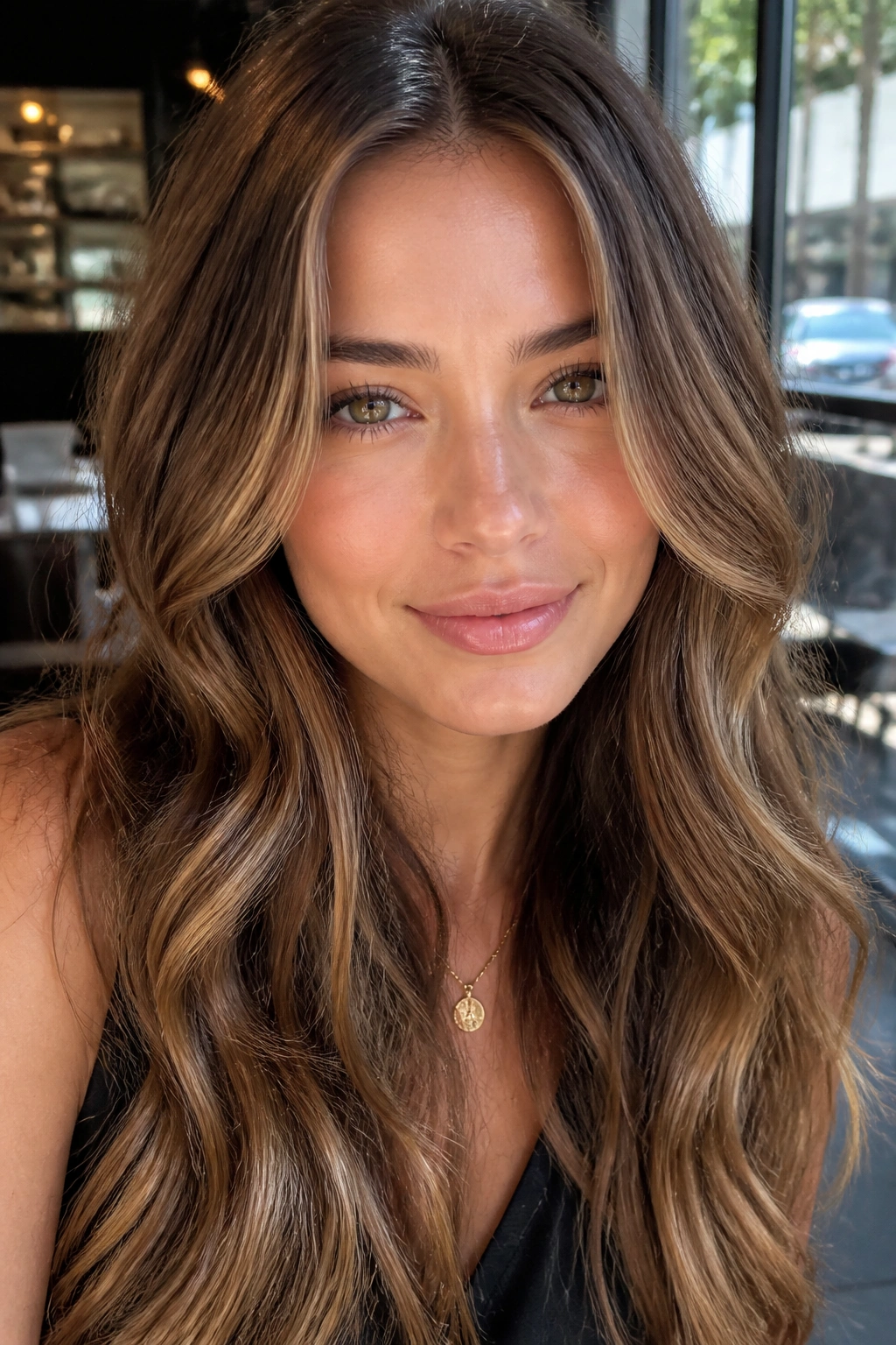 Close-up portrait of a real woman with bronde hair color in warm cafe light