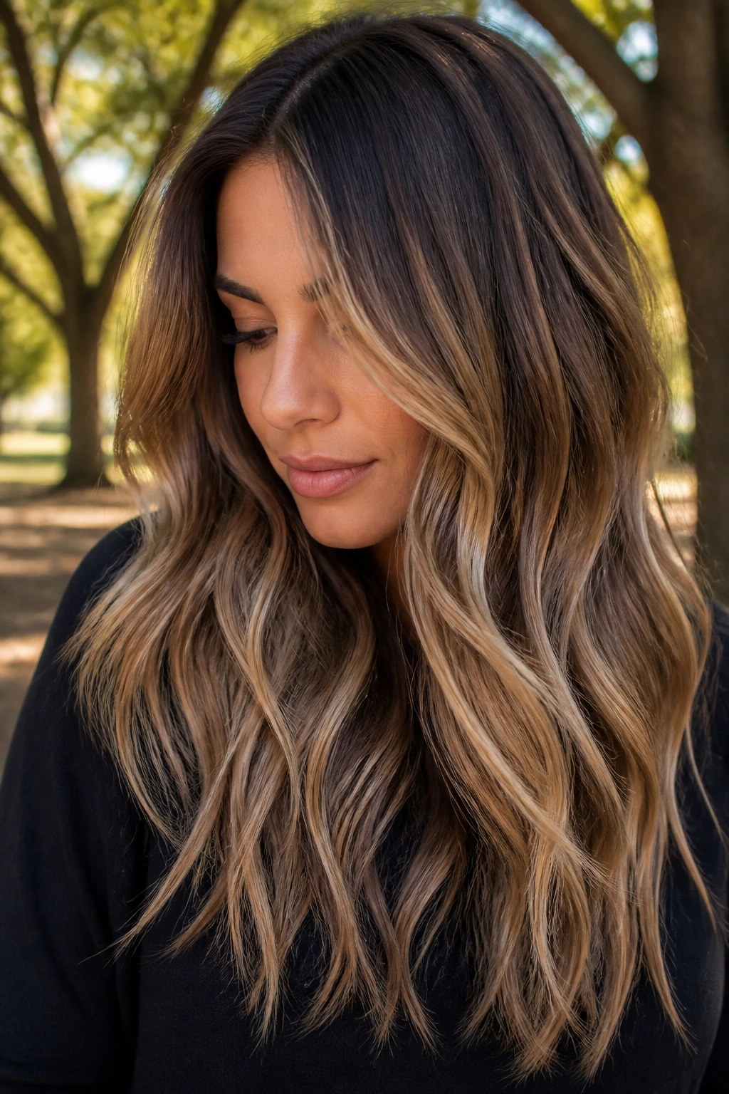 Bronde brunette with blended highlights in long waves in an outdoor setting.