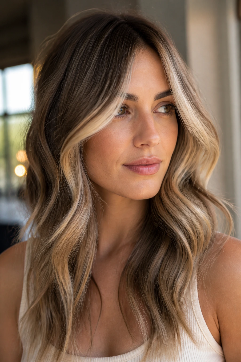 Close-up portrait of bronde hair with champagne ribbons