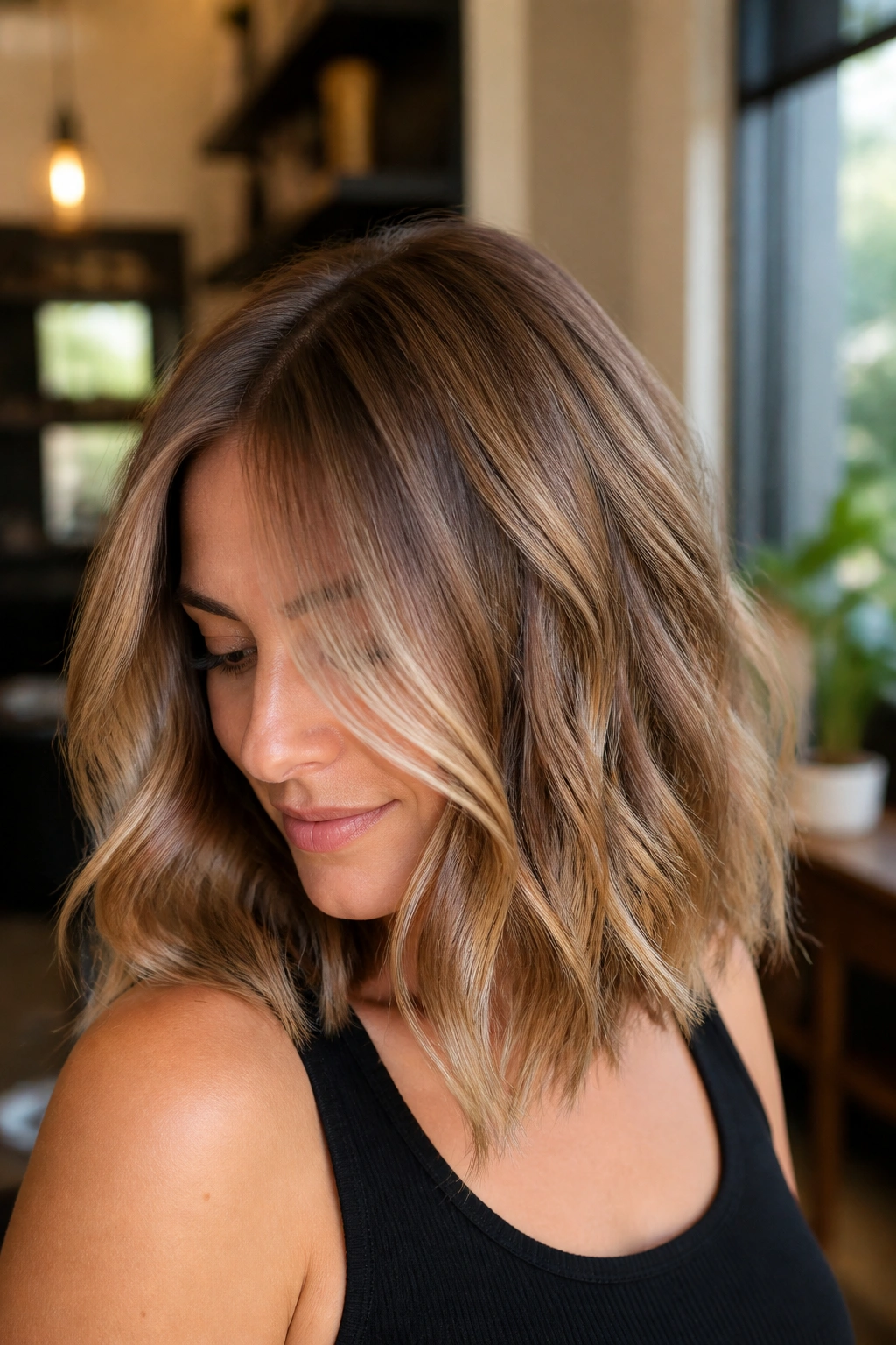 Close-up portrait of a real woman with bronde hair and cinnamon lowlights in warm salon lighting.