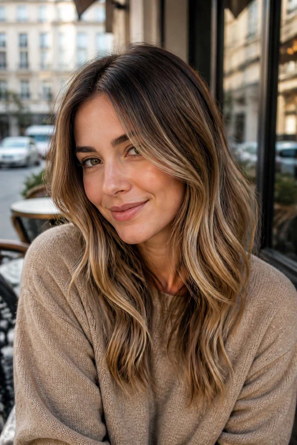 Close-up of a real woman with bronde color showing depth and highlight ribbons in natural light