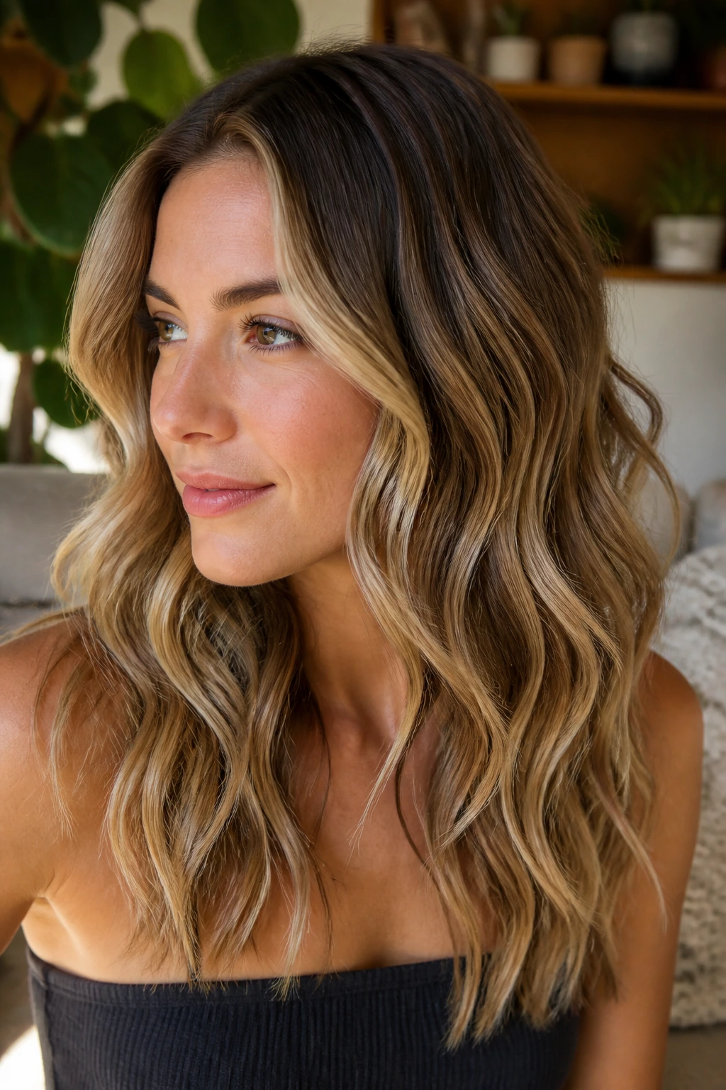 Real woman with bronde base and blonde contour highlights in natural light.