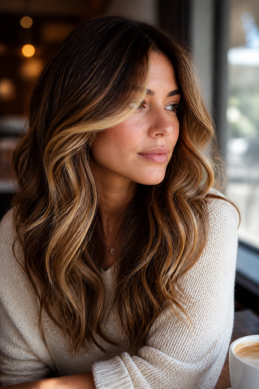 Close-up portrait of a real woman with bronde contour highlights lifting facial features on wavy hair