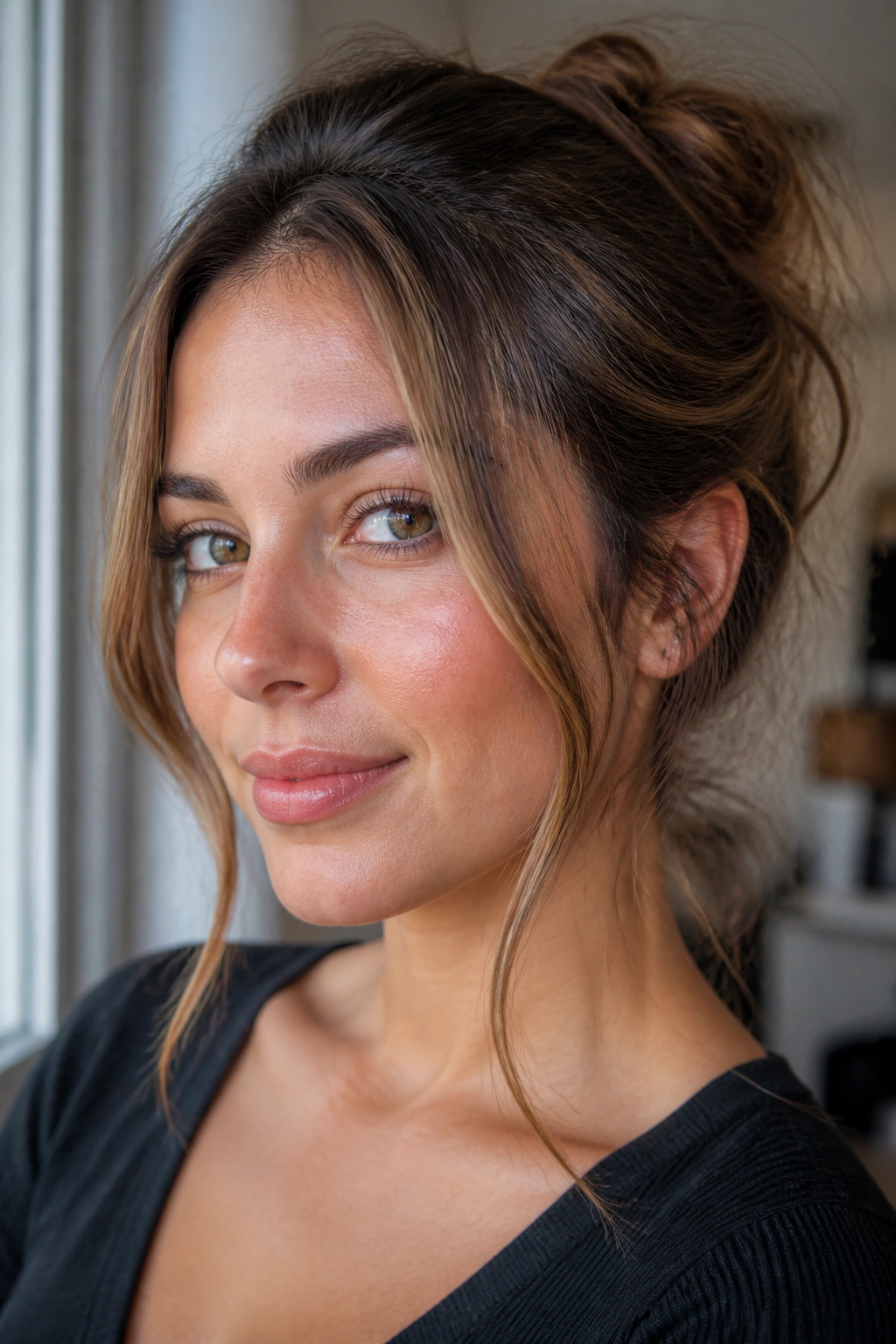 Close-up portrait of a real woman with bronde face-framing pieces on brown hair