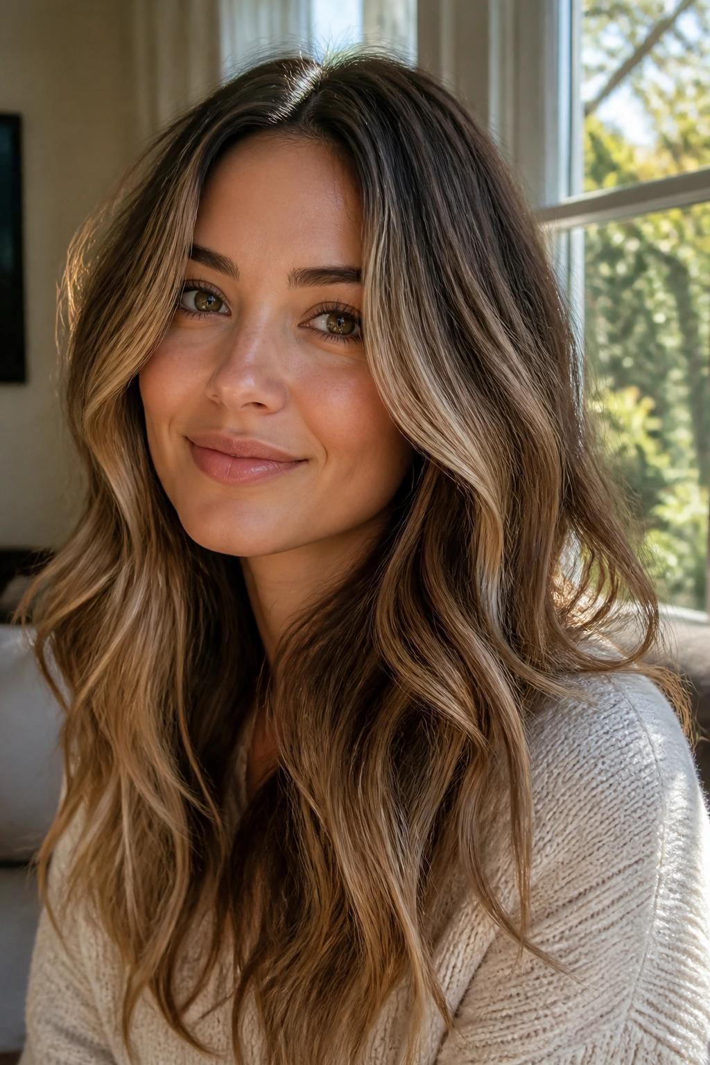 Close-up of a real woman with bronde balayage and face-framing lifts on wavy hair.