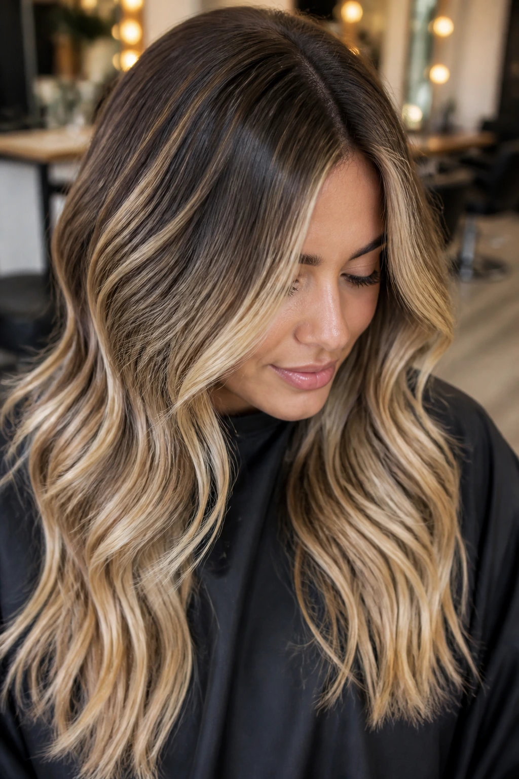 Portrait of real woman with bronde fusion balayage showing brown roots and blonde highlights