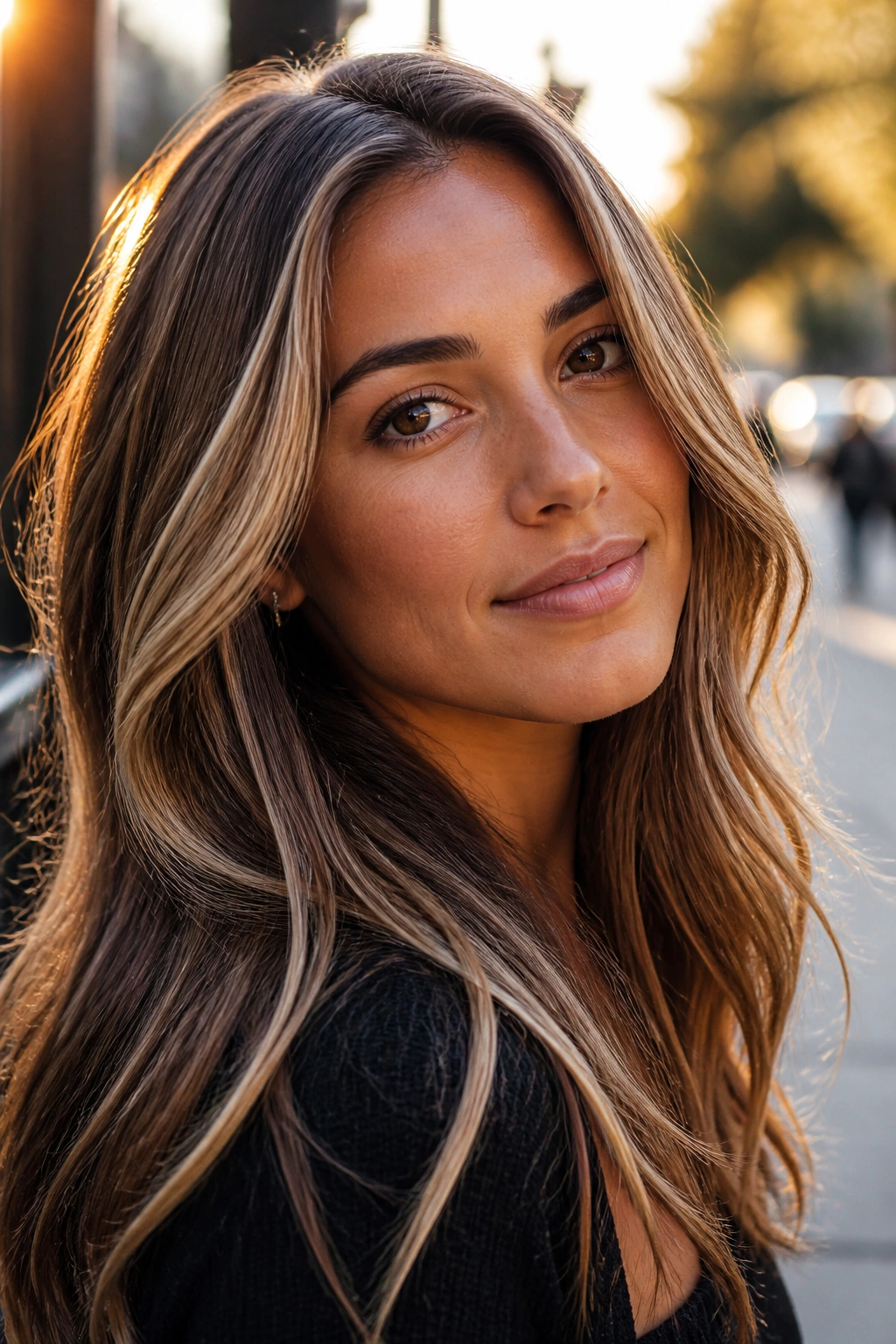 Portrait of a woman with bronde hair featuring brown base and beige highlights.