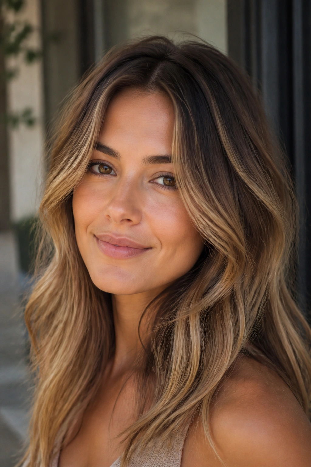 Close-up portrait of a real person with bronde hair showing sunlit ribbons