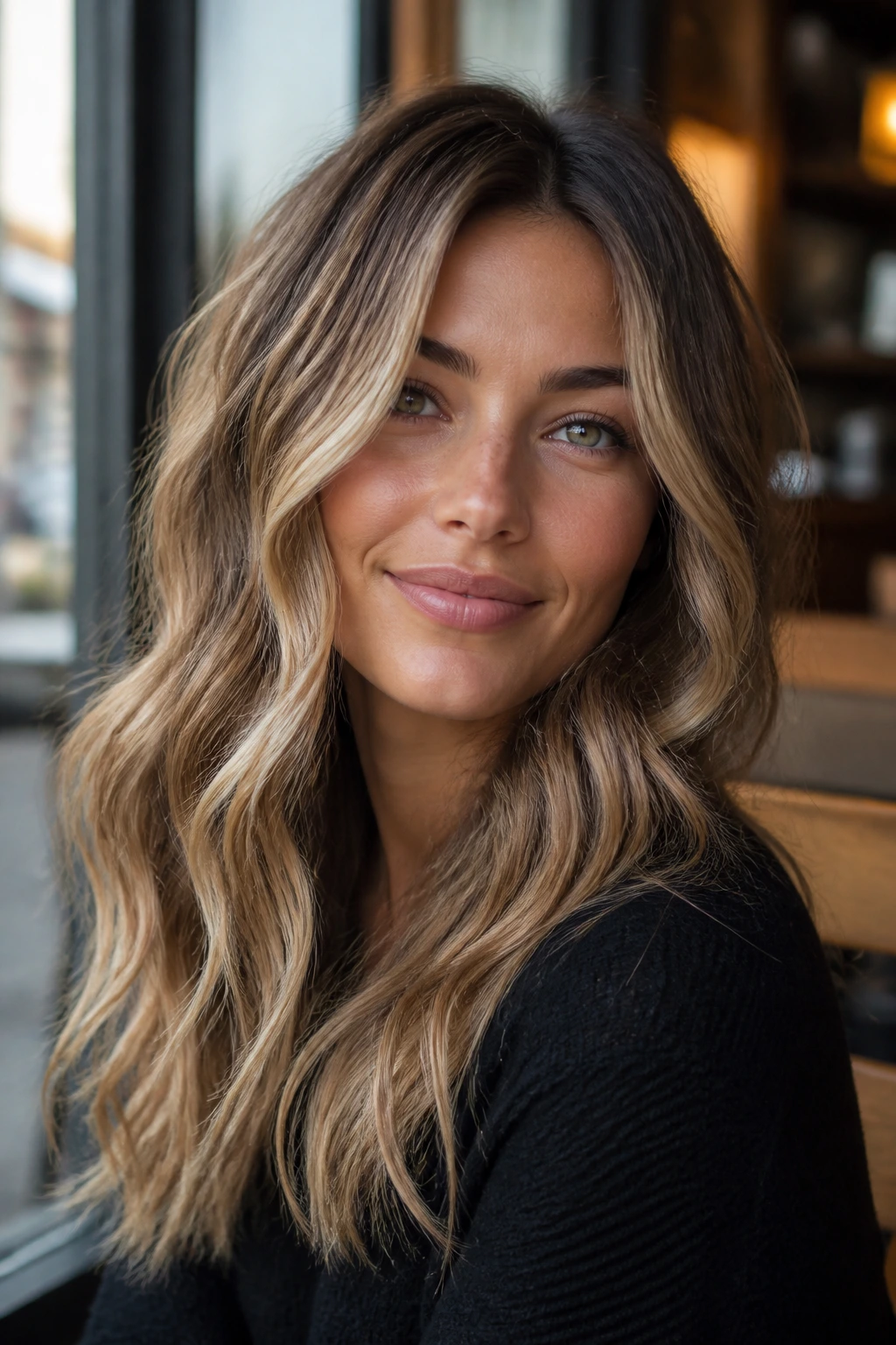 Close-up portrait of a real woman with bronde hair blending brown and blonde