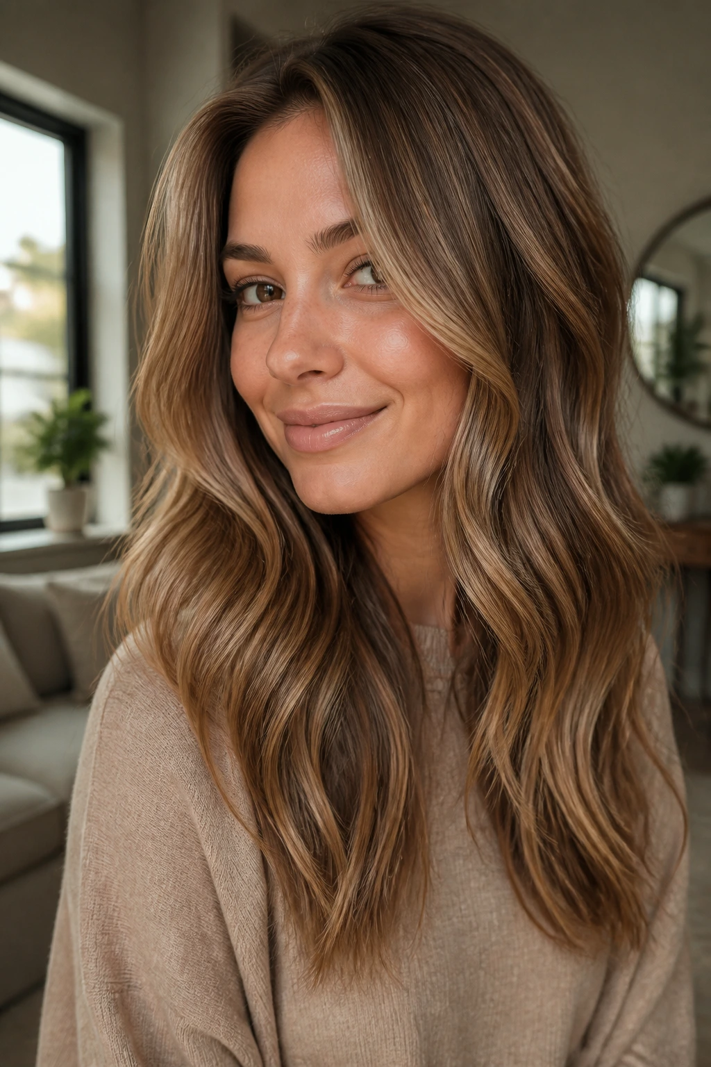 Close-up portrait of a real person with bronde hair color blending brown and blonde