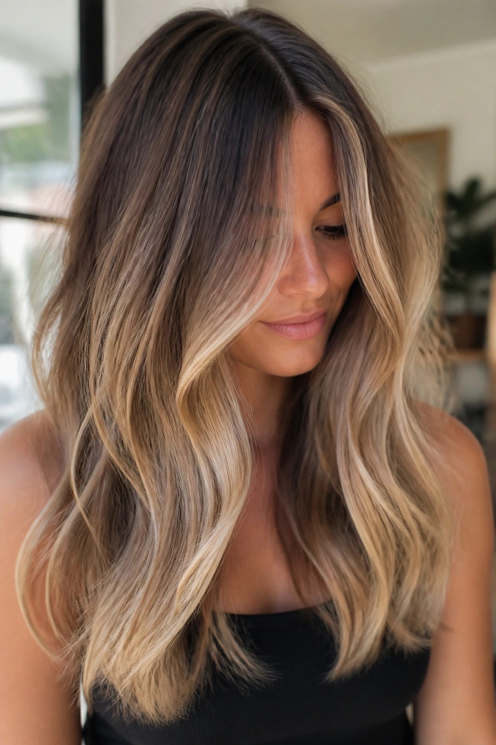 Close-up of buttercream bronde hair with dimensional ends and soft transition.
