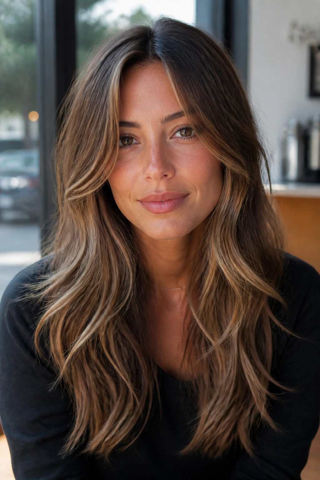 Close-up of a woman with bronde hair and airy layers