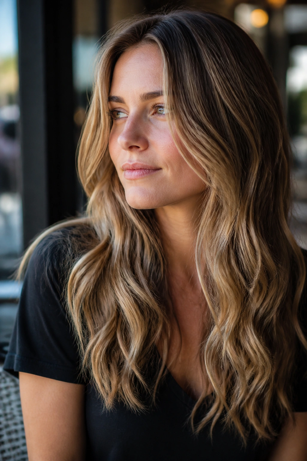 Close-up portrait of a real woman with bronde hair in natural daylight
