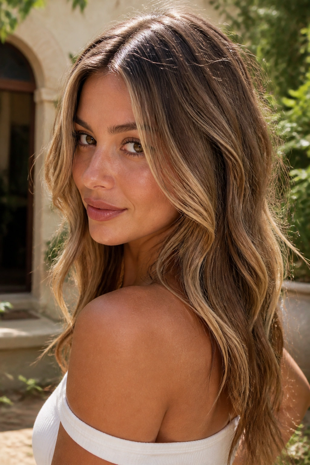 Close-up of a real woman with bronde hair and blonde ribbons in soft waves under natural sunlight