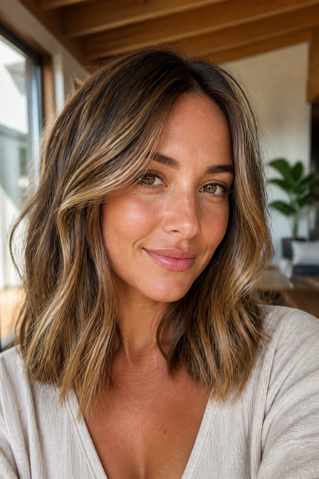 Close-up portrait of a woman with bronde hair and sandy beige highlights framing her face