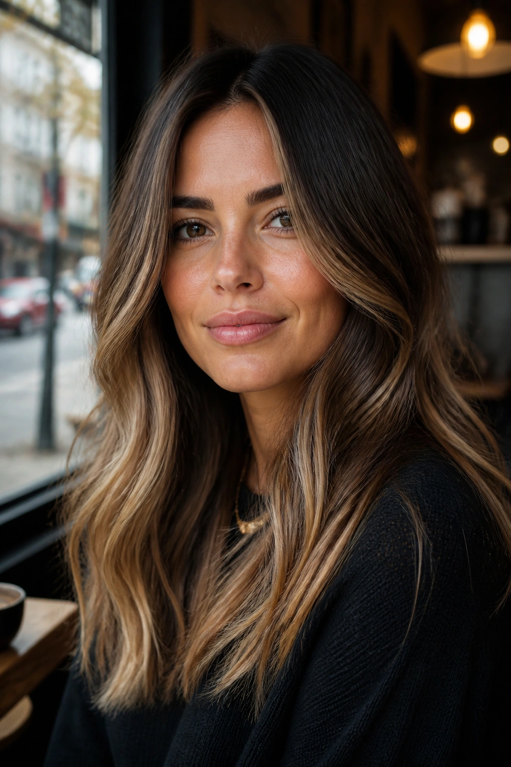 Close-up of bronde melt hair on a real woman in cafe light