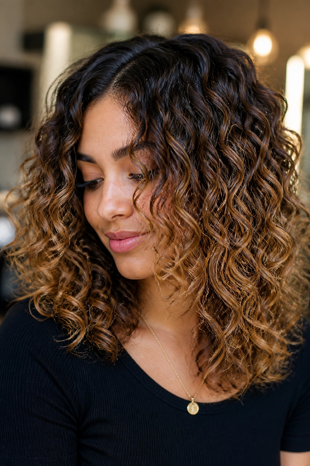 Close-up of a real person with bronde melt on medium curls
