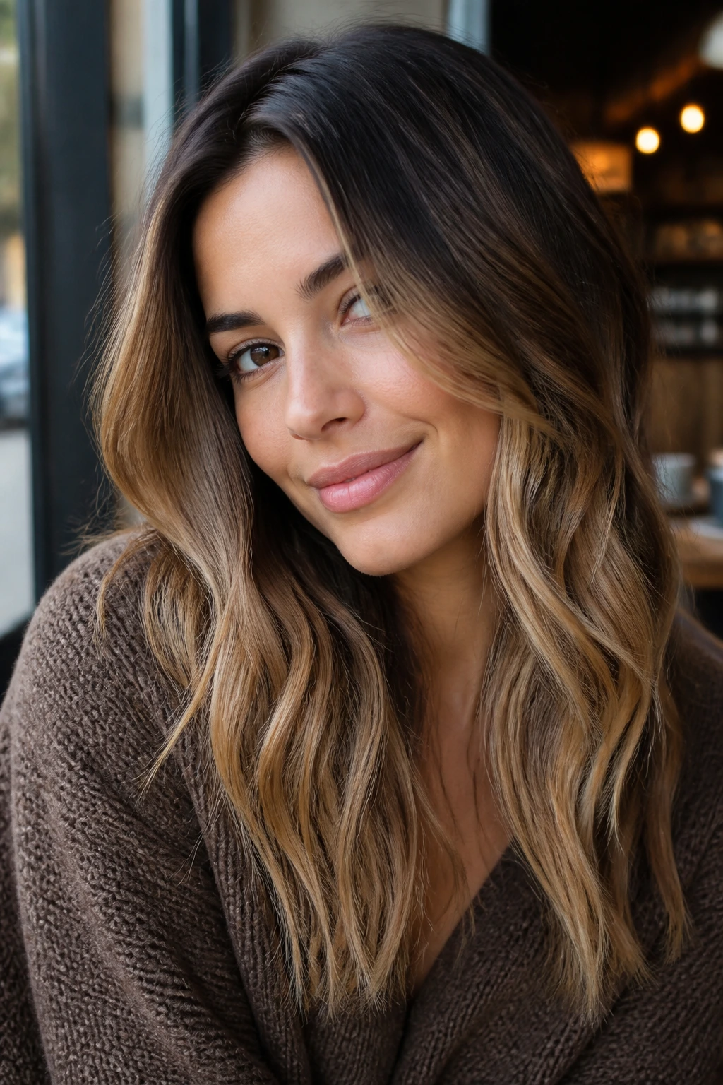 Close-up portrait of a real woman with bronde melt hair color.
