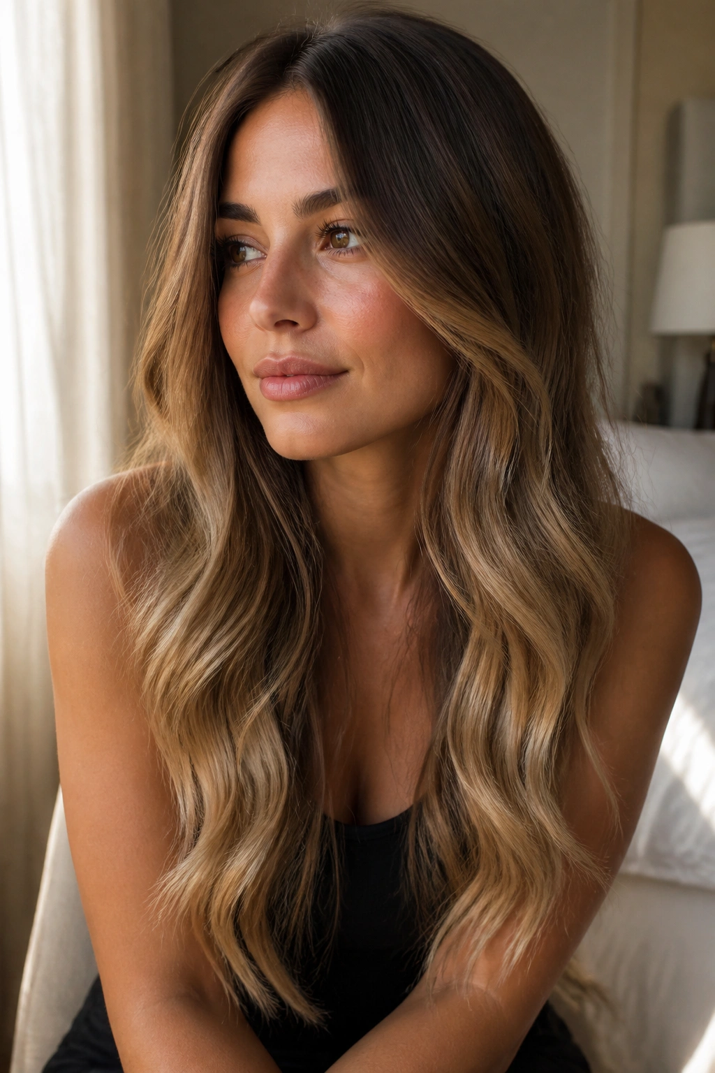Close-up of a real person with bronde melt hair showing dark roots fading to lighter ends
