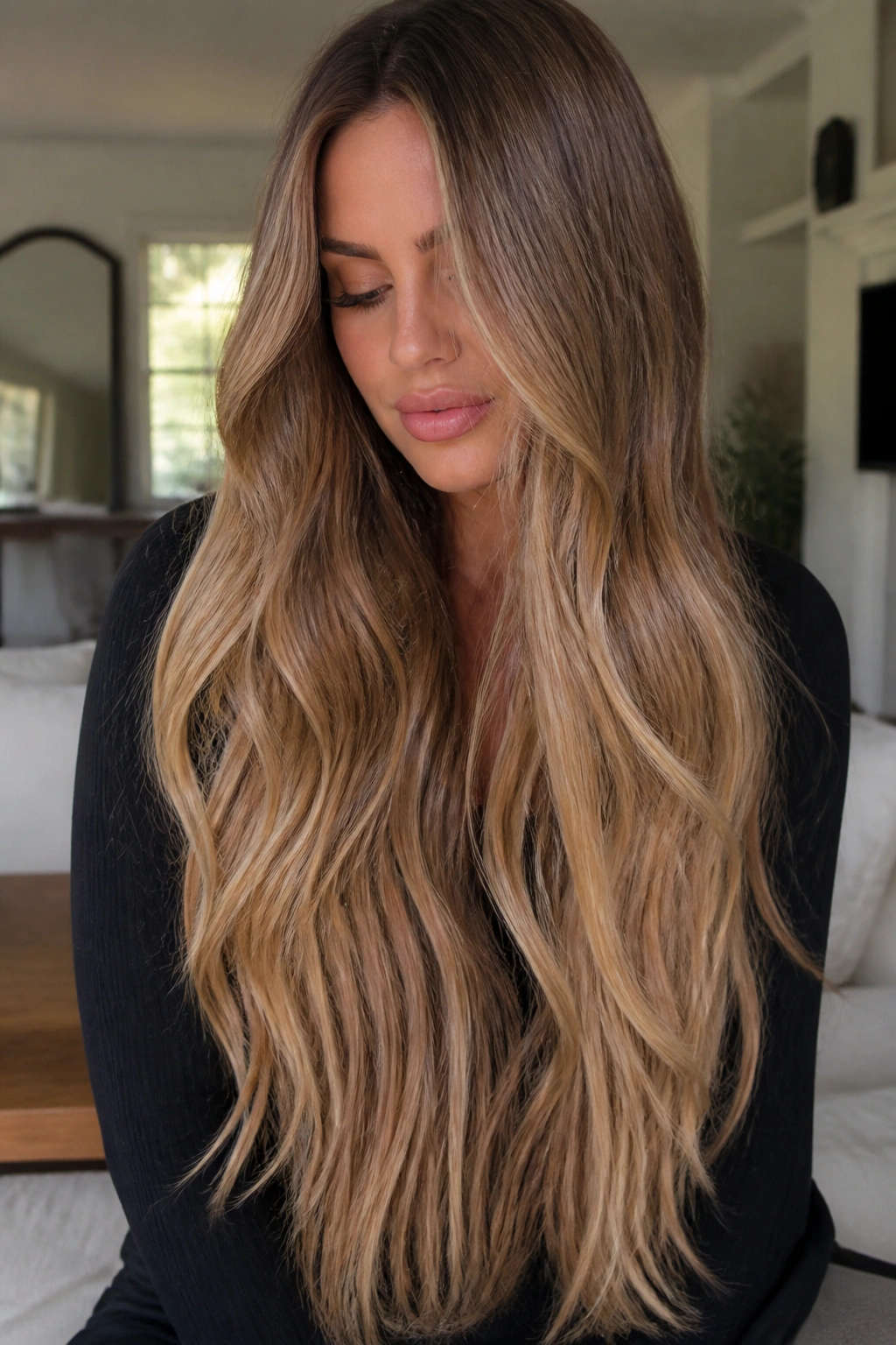 Real woman with golden bronde melt hair showing dark roots transitioning to bronde and gold ends