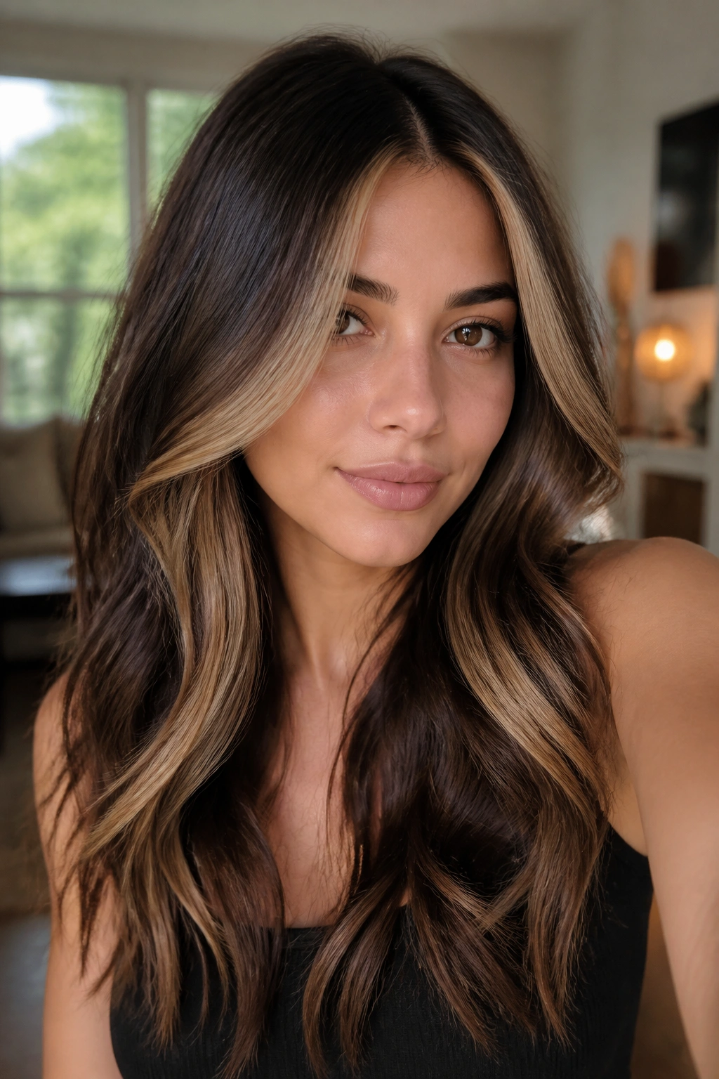 Close-up of a brunette with a bronde money piece blending into brunette ends, face-framing color
