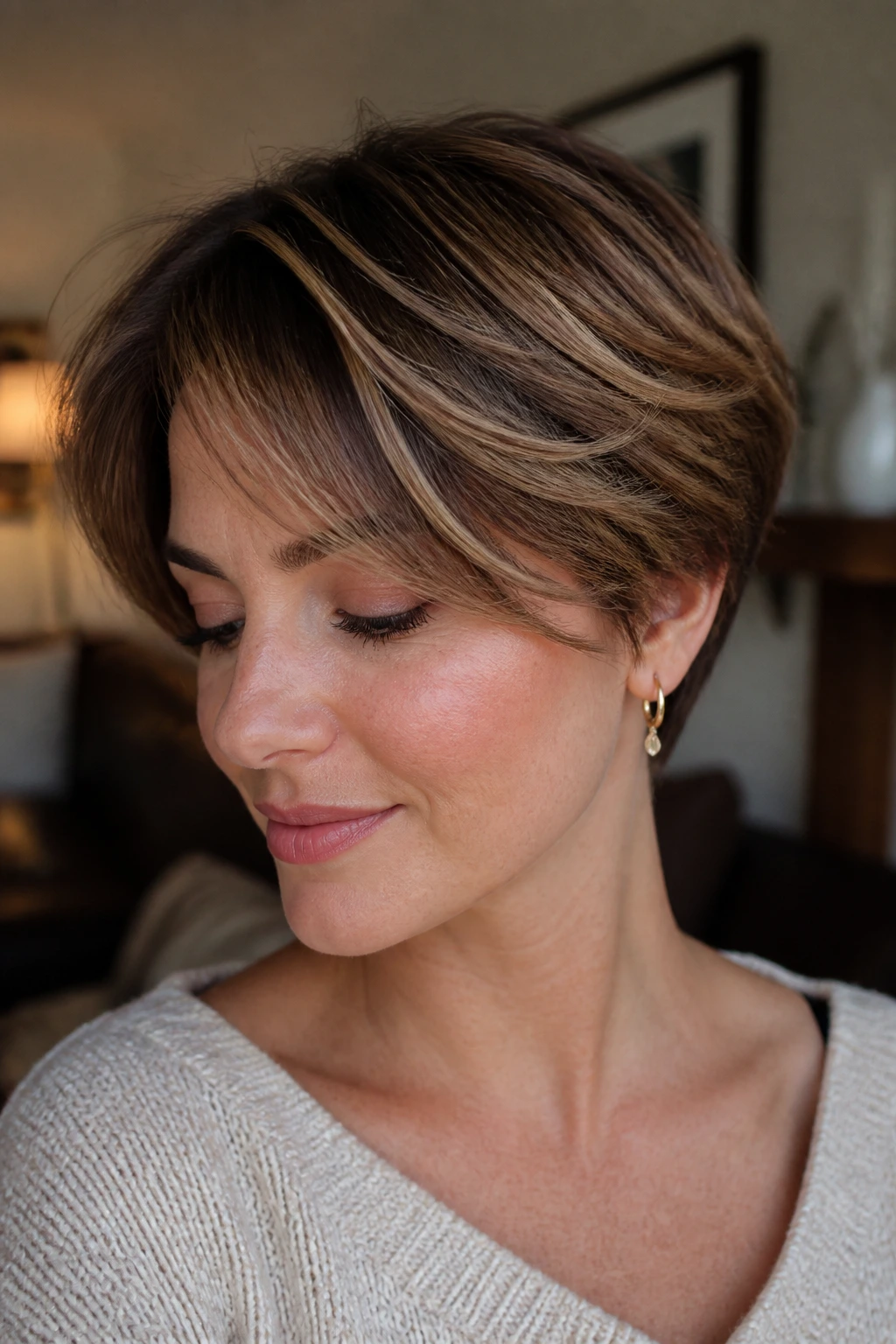 Close-up of bronde ribbons on brown short hair