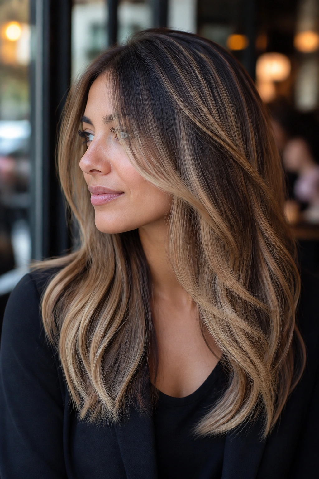 Close-up of a real woman with bronde ribbons and natural root shadow.