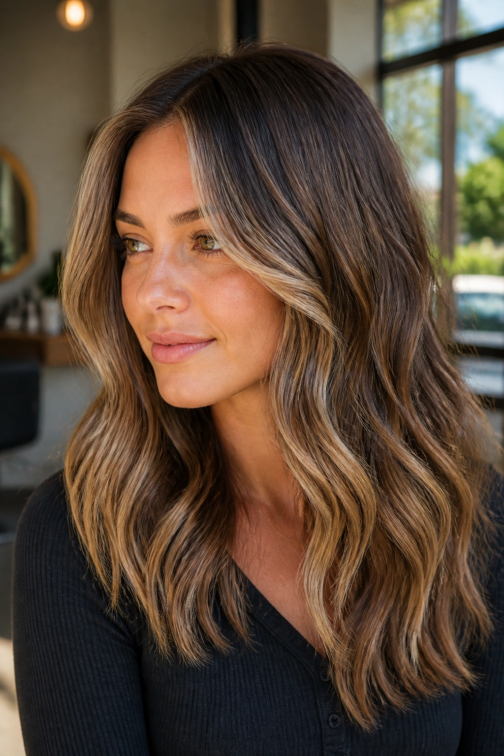 Close-up portrait of a real woman with bronde hair and rooted lowlights in warm salon lighting