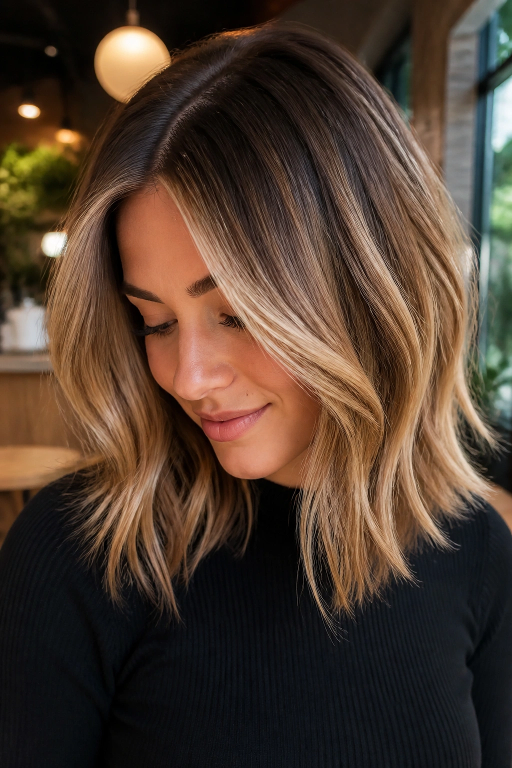 Close-up of a real woman showing bronde hair with a shadow root.