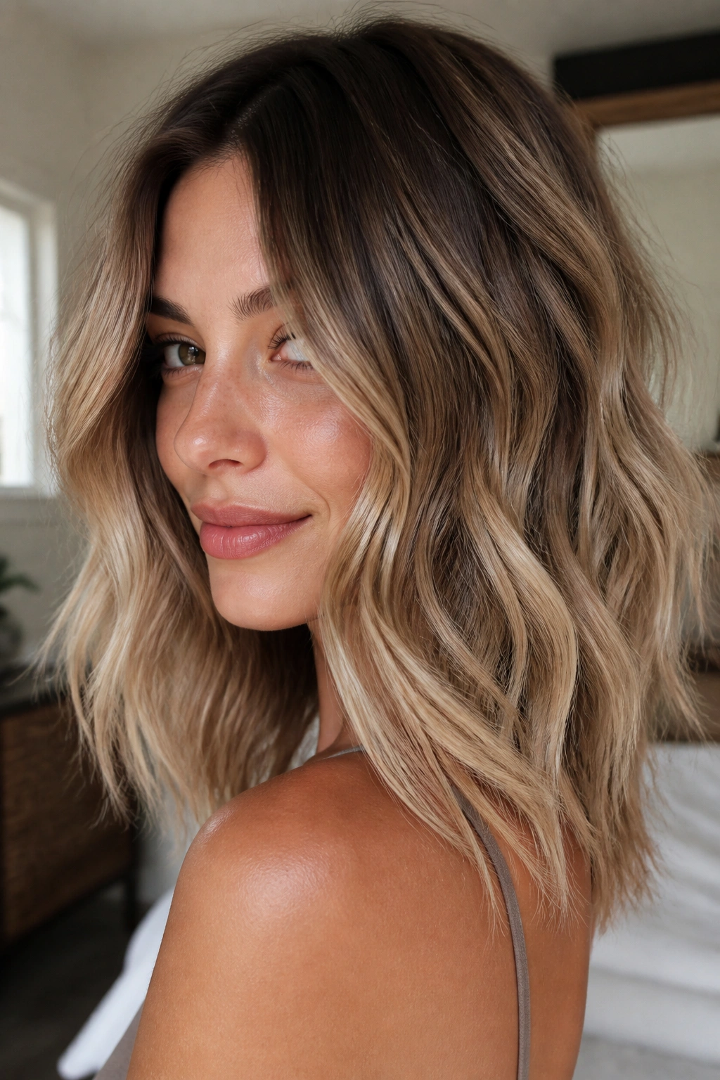 Close-up of a real woman with bronde and shadow root in wavy hair
