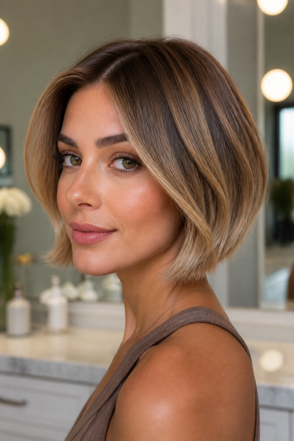 Close-up of a real woman with warm bronde on a chin-length bob in natural light