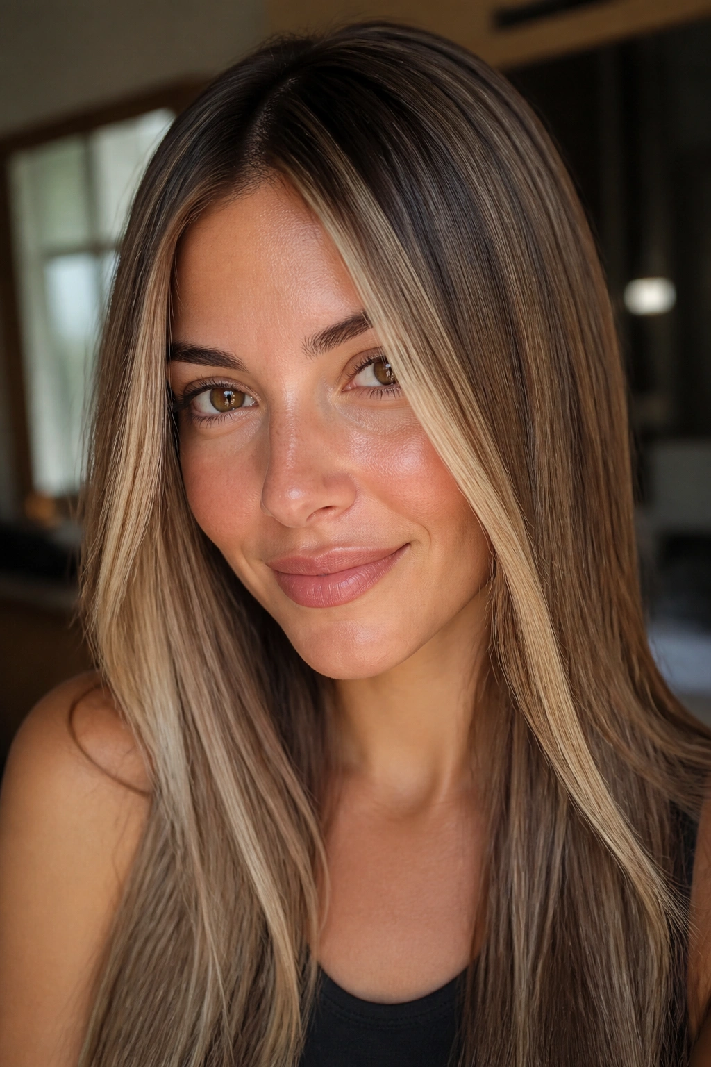 Close-up of a real woman with Bronde and vanilla face-framing lights on straight hair.