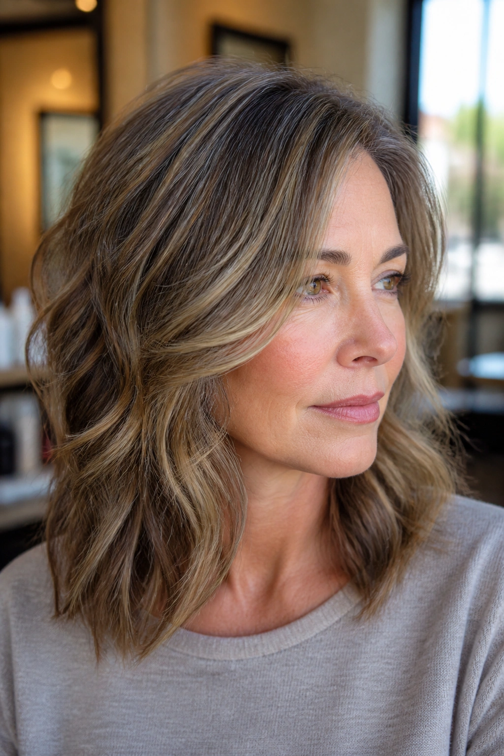 Real woman with bronde veil highlights on medium-length salt-and-pepper hair in a warm salon.