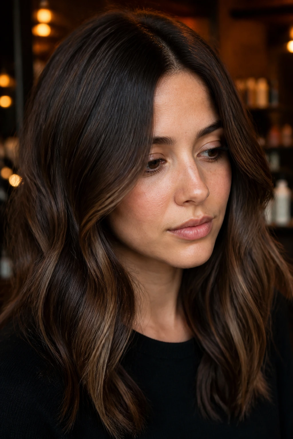 Close-up portrait of a woman with warm espresso bronde hair showing subtle highlights