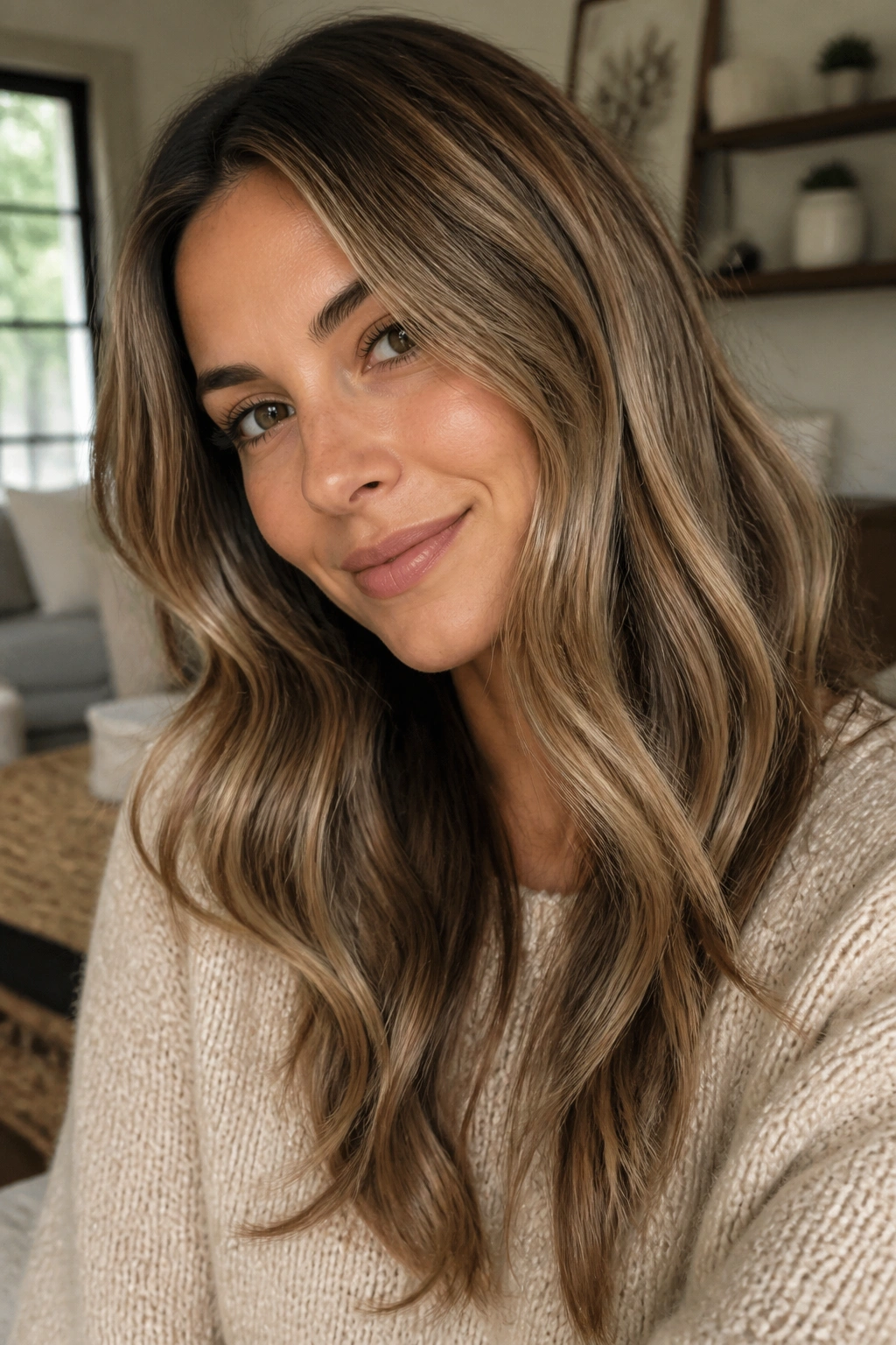 Close-up portrait of brunette with bronde and winter lowlights