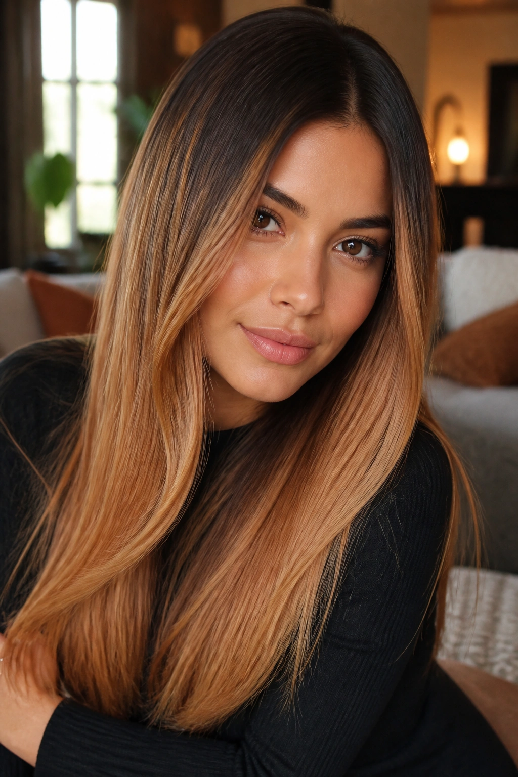 Close-up of a real woman with bronze-to-amber melt on straight hair, bronze roots fading to amber ends in a warm, softly lit room