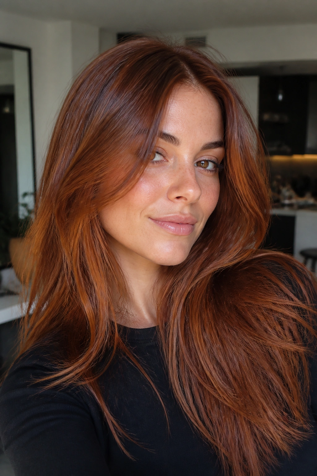 Portrait of a woman with bronze auburn hair showing light-shifted tones.