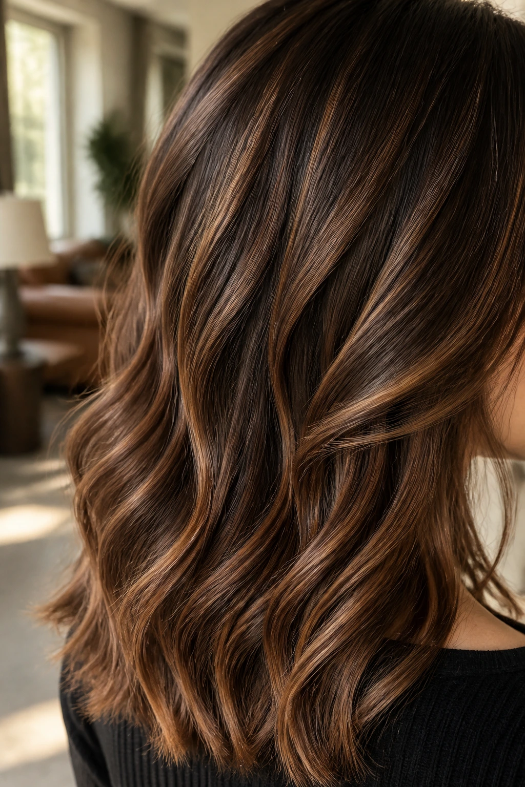 Brunette hair with bronze babylights across mid-lengths