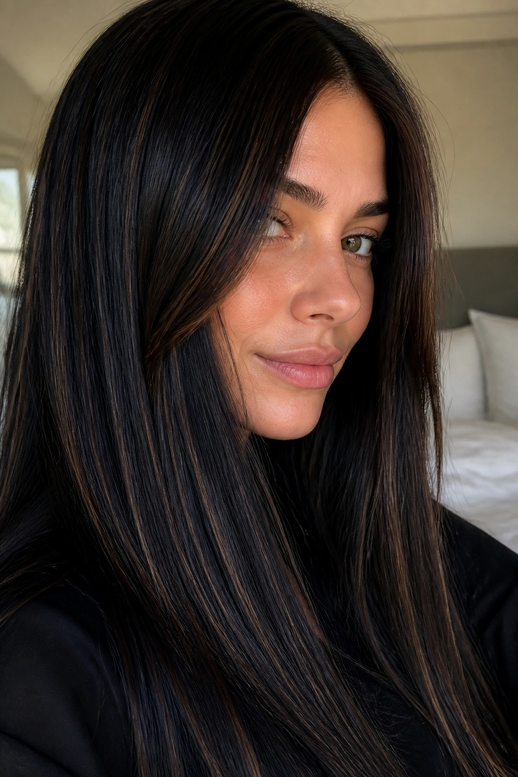 Close-up of raven hair with bronze babylights on a real person