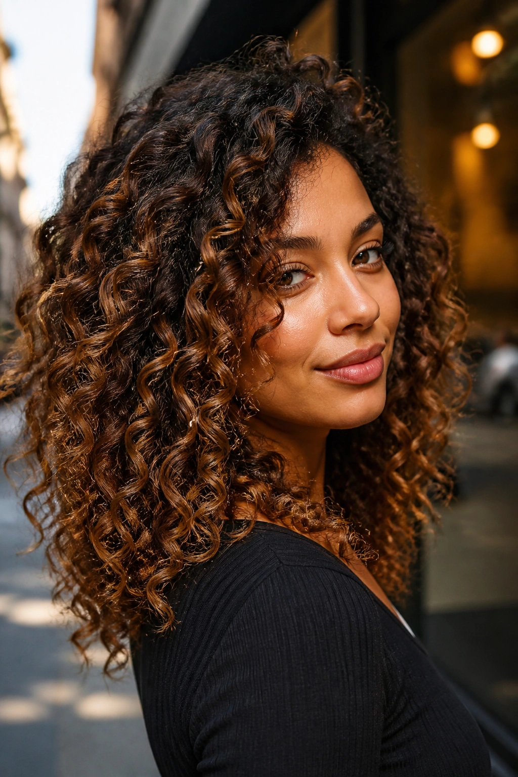 Close-up of a real woman with deep brunette curls and bronze balayage.