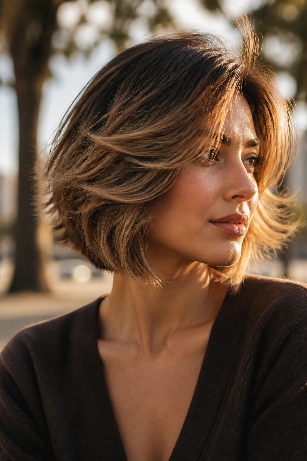 Close-up of a real woman with bronze balayage on a feathered bob.