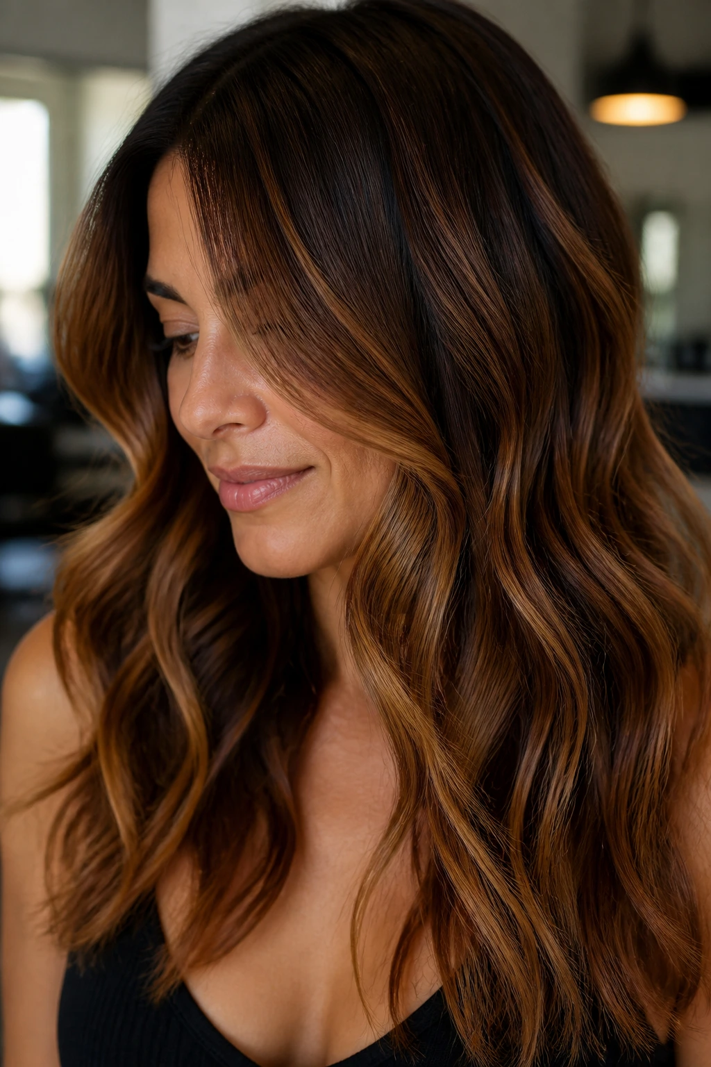 Portrait of a woman with bronze balayage on brunette hair