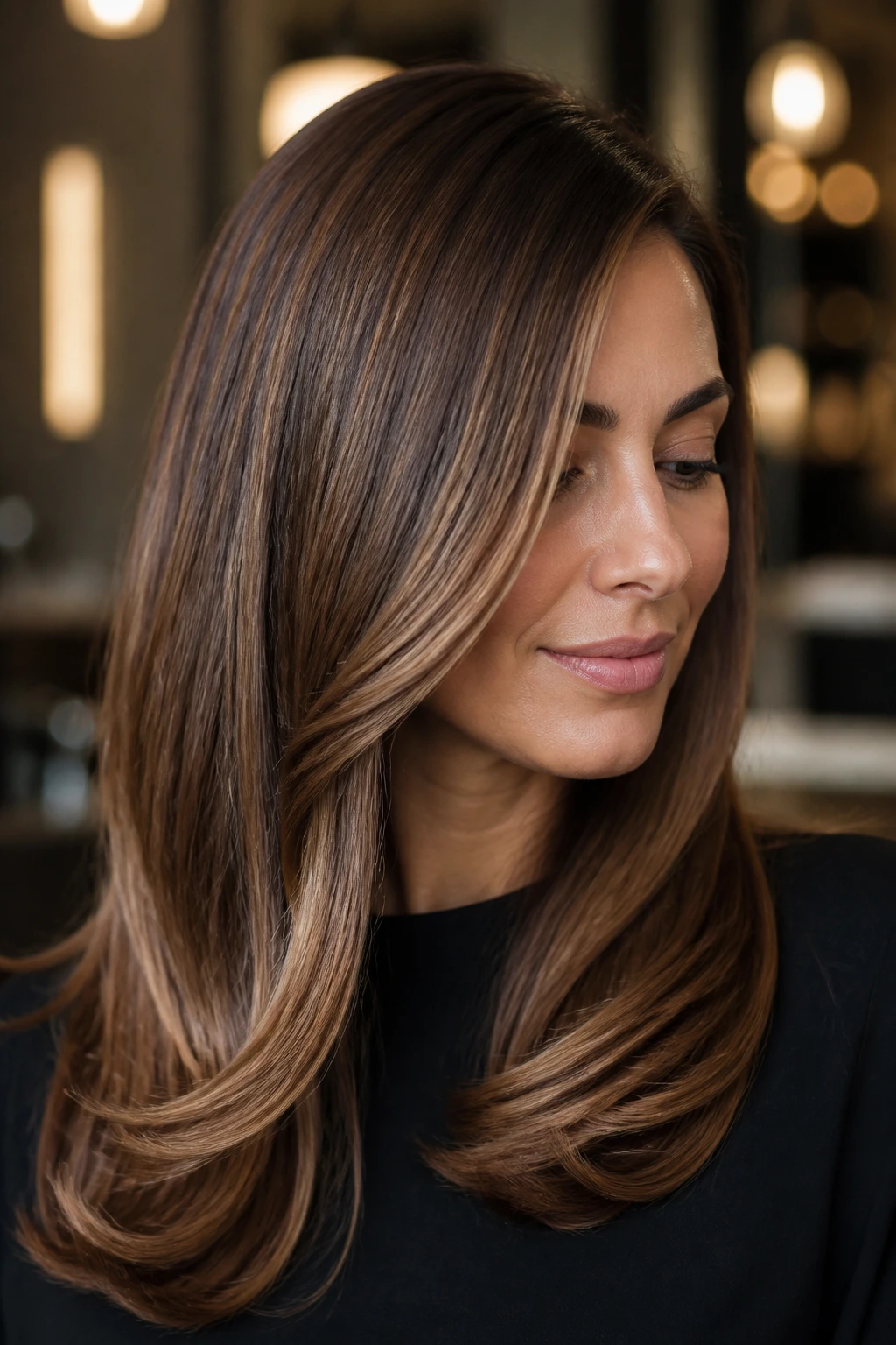 Close-up portrait of a real woman with bronze balayage in a sleek blowout.