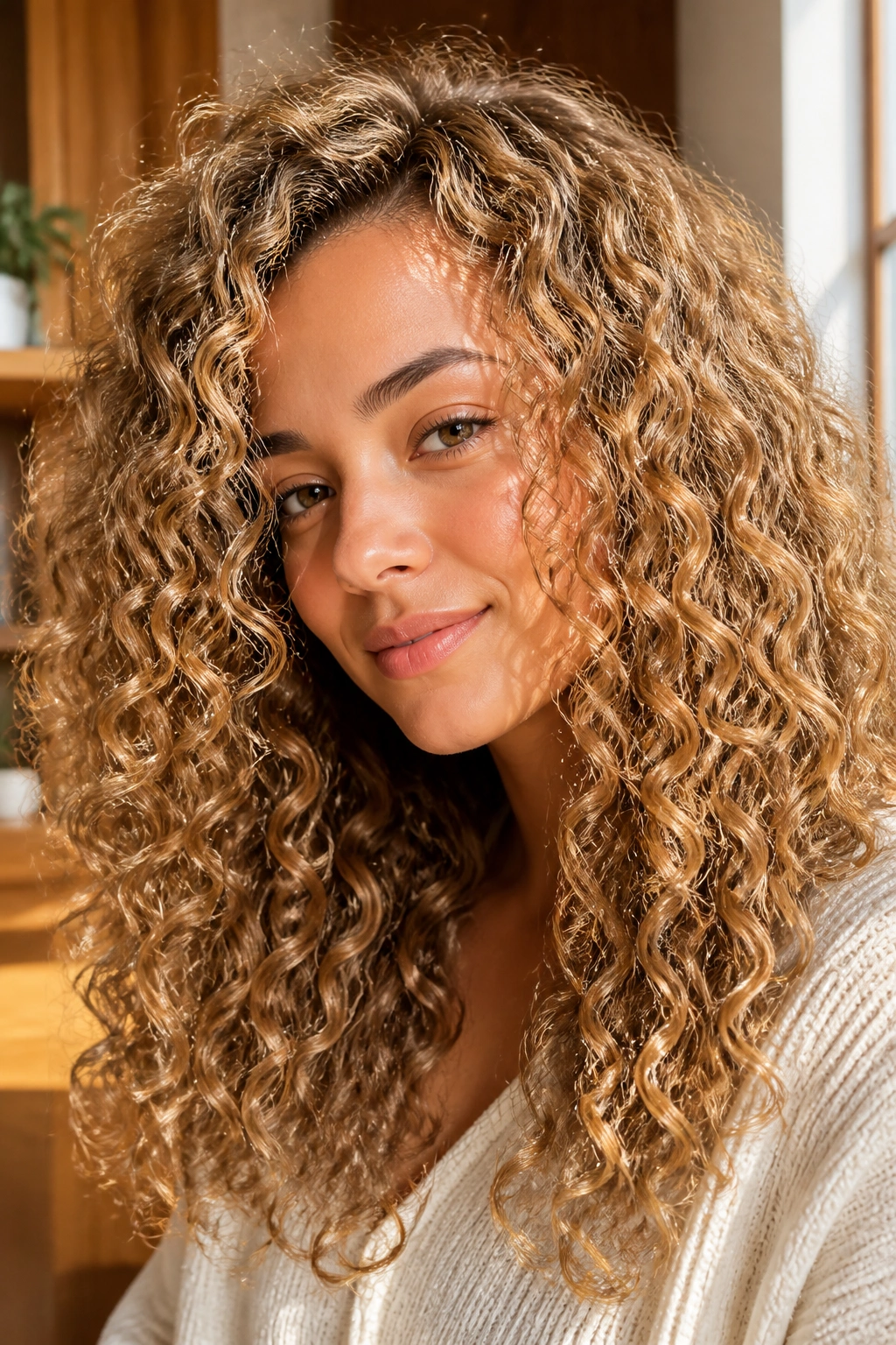 Close-up of bronze blonde curly hair on a real person