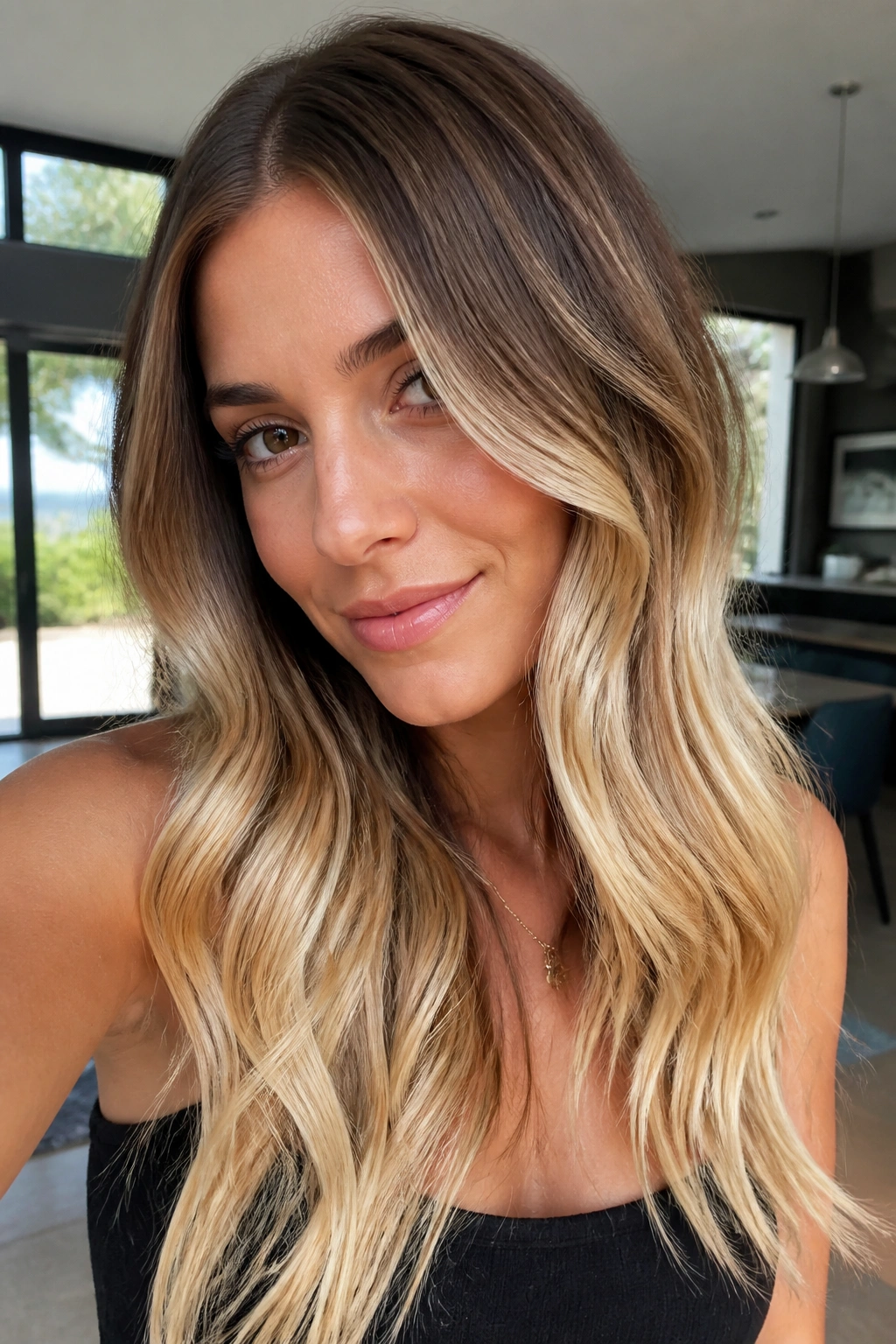 Close-up portrait of a woman showing bronze-to-blonde melt hair color with seamless transition