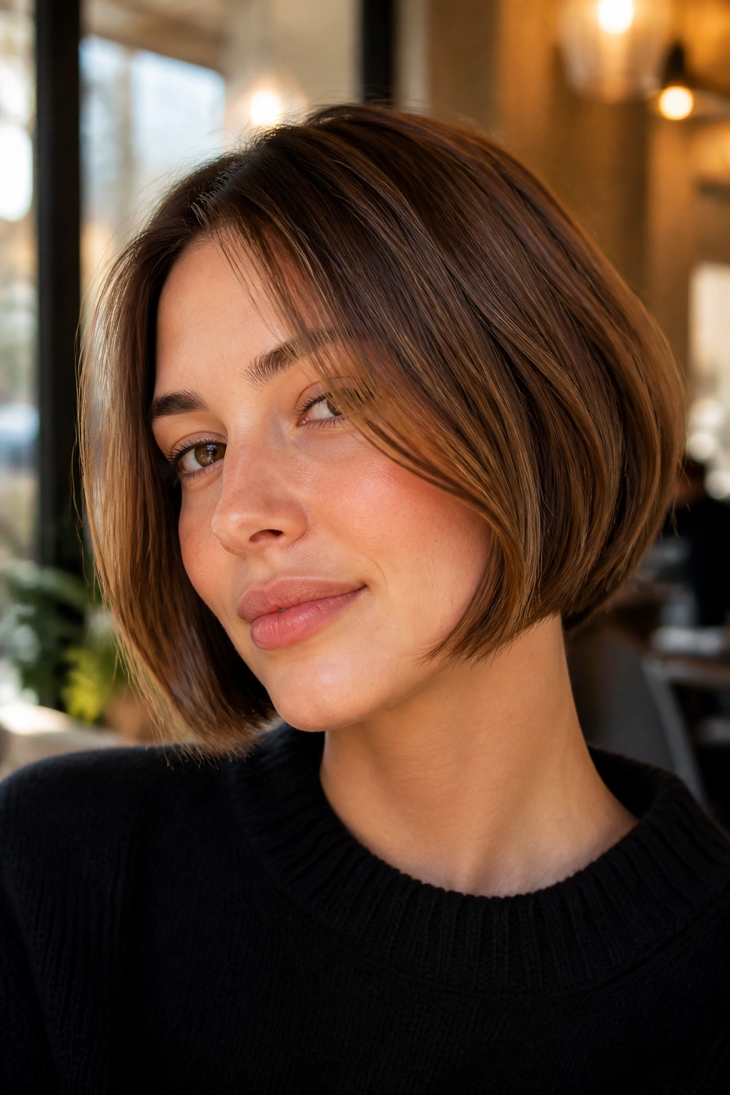 Real person with bronze brown French bob in warm cafe lighting