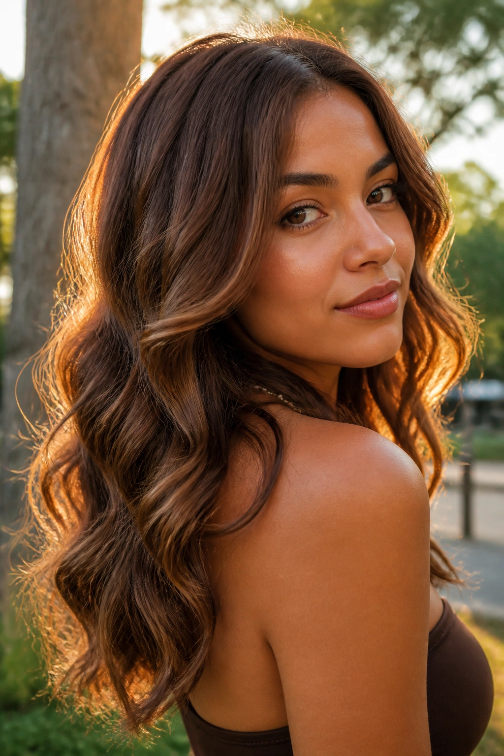 Close-up portrait of a person with bronze brown hair in golden-hour light
