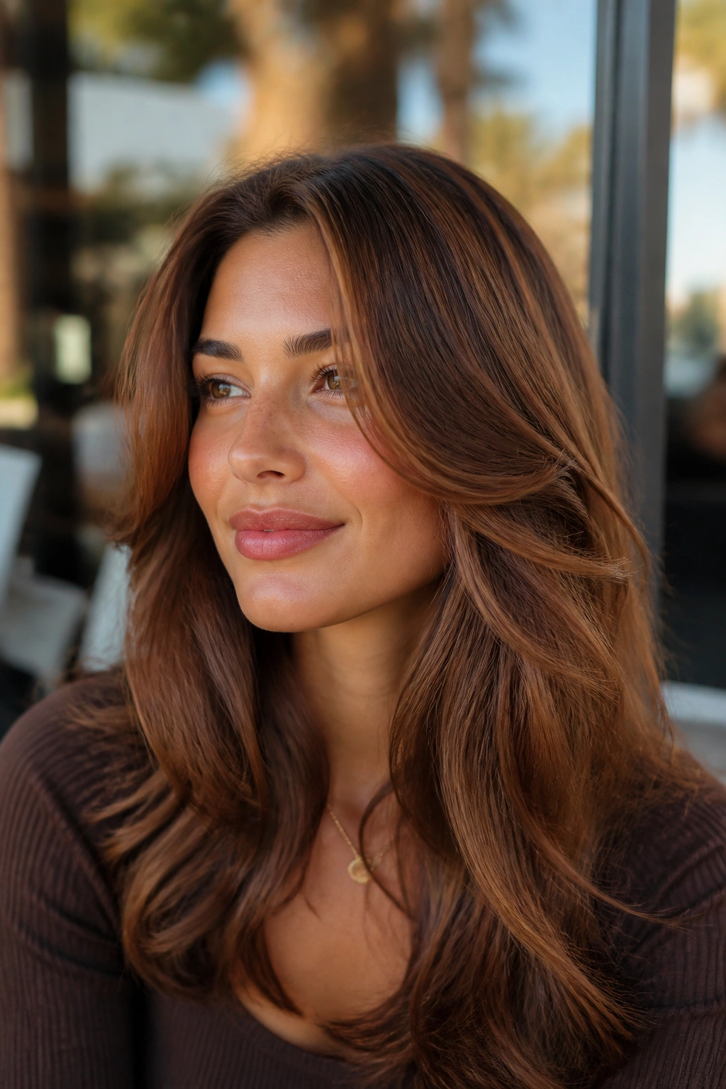 Close-up of a real woman with bronze brown hair and copper highlights in natural light