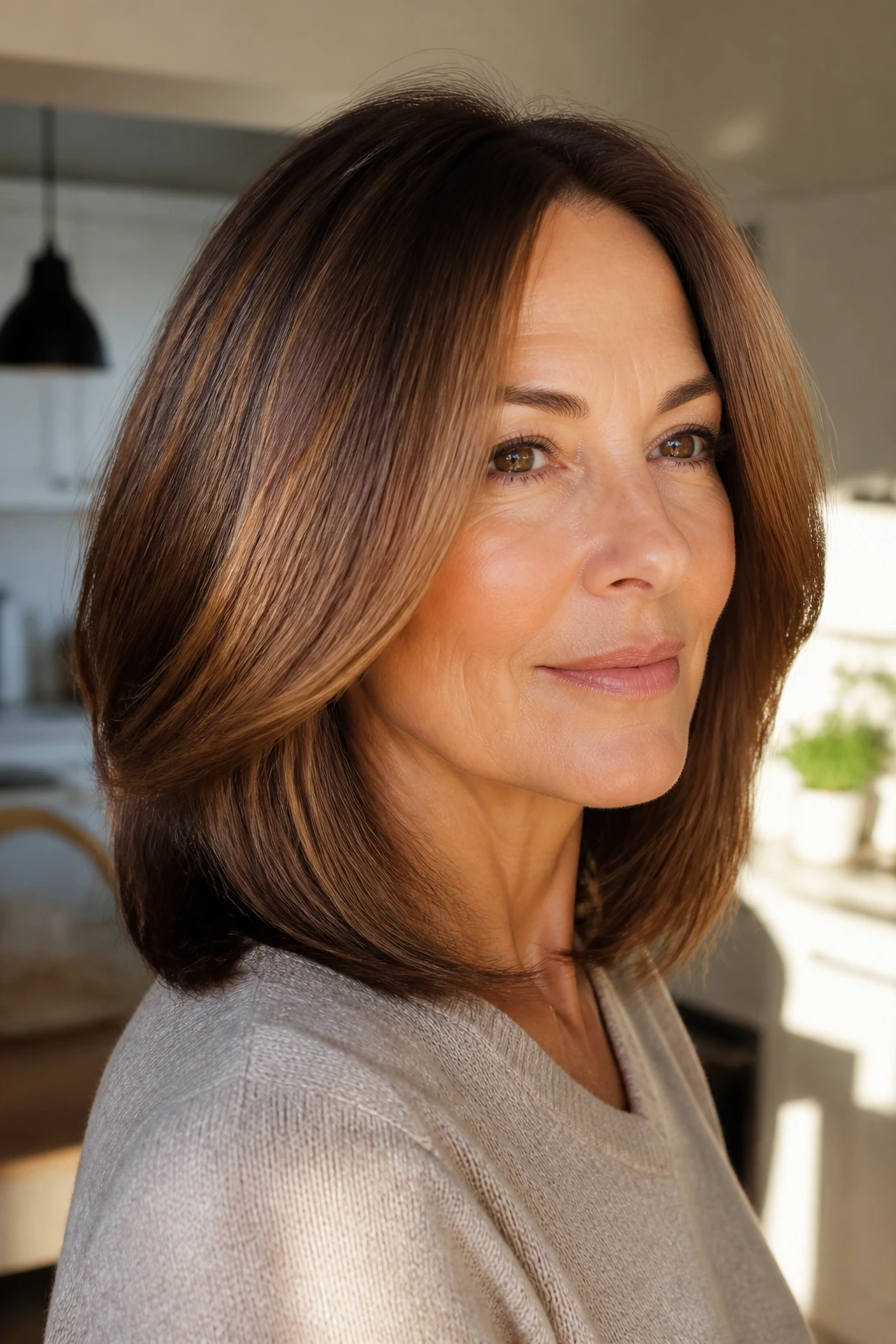 Real woman with bronze brown long bob in warm lighting
