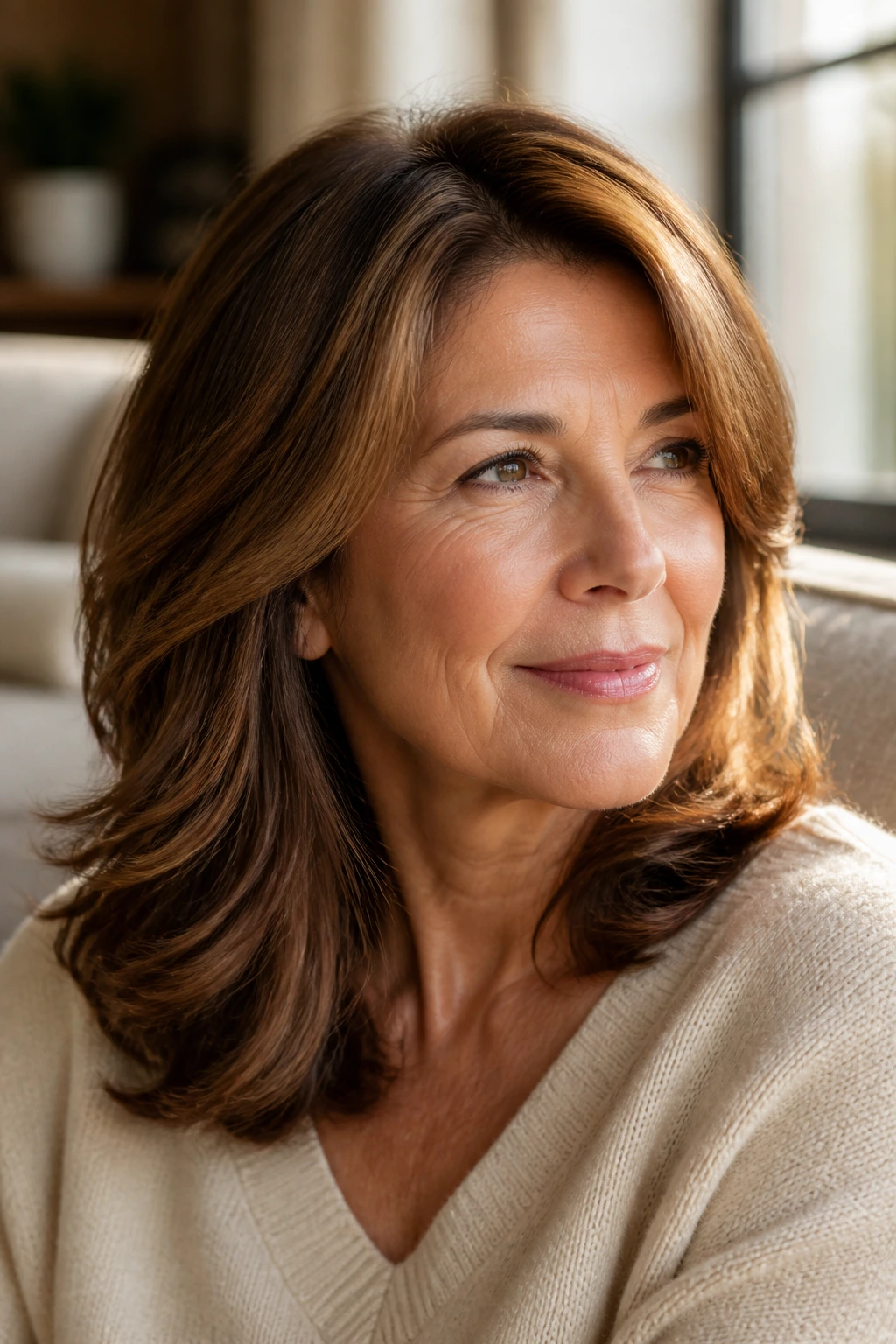 Close-up portrait of a real woman with Bronze Brunette with Golden Reflect hair in warm daylight.